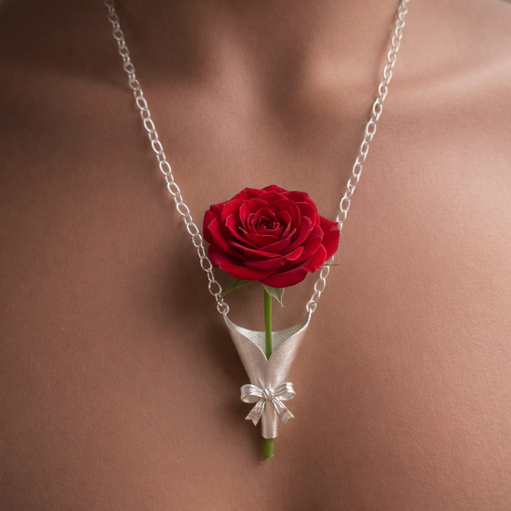 Collier Immortelle — Pendentif rose argenté
